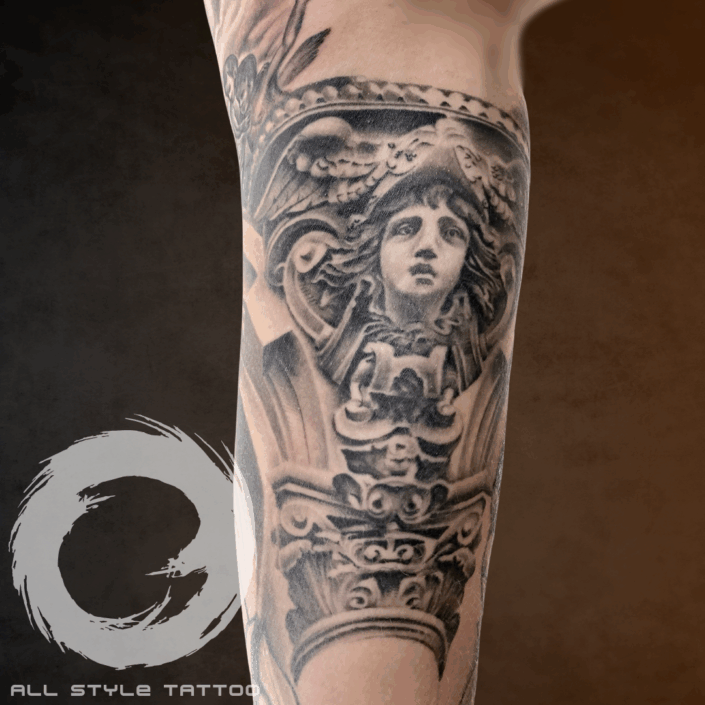 Realistischer Full Sleeve mit Engel-Motiv in Schwarz-Weiß – gestochen im All Style Tattoo Studio Lübbenau im Spreewald