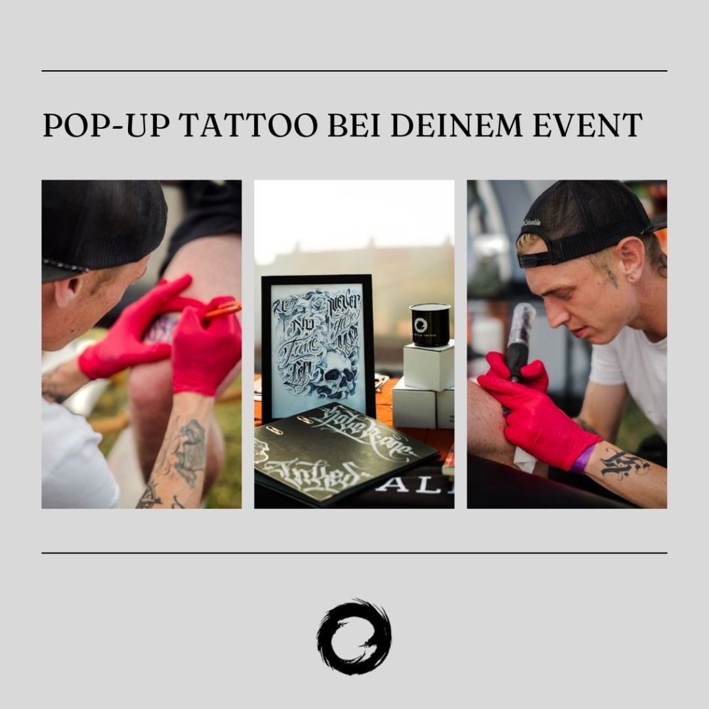 Tattoo-Artist tätowiert kleines Motiv auf Firmenevent in Berlin – mobiler Arbeitsplatz vor Ort.